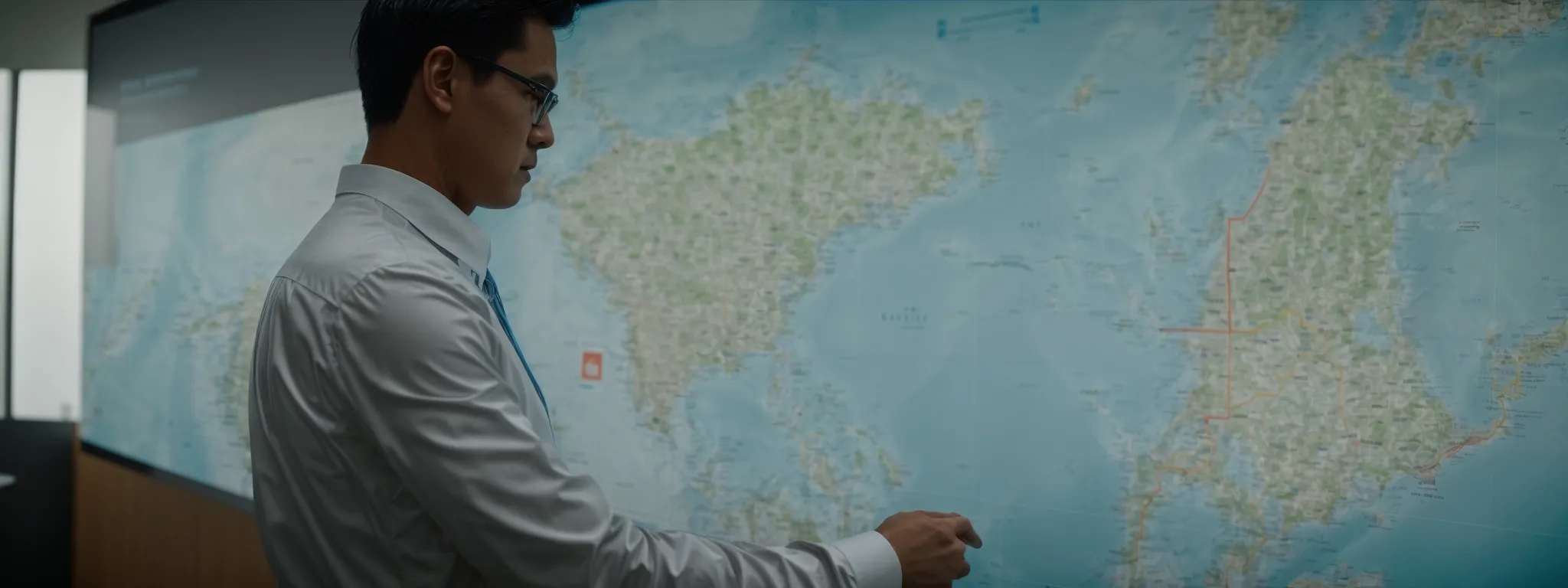 a business person scrutinizing a regional map dotted with market icons on a digital screen in a corporate strategy room.