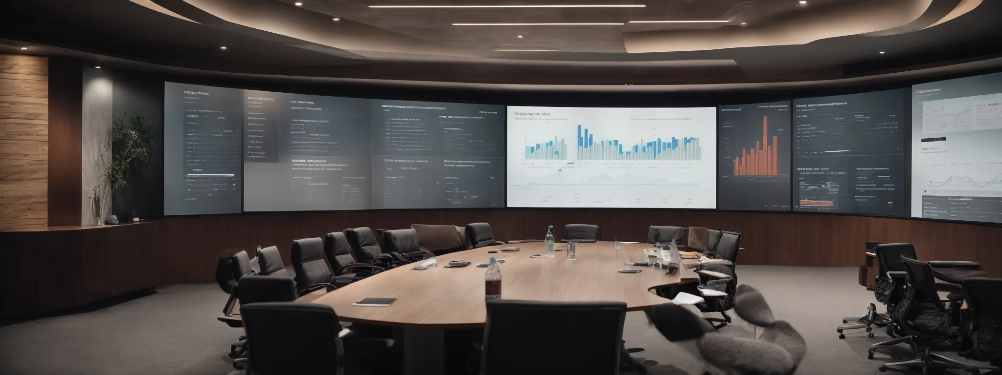 a meeting room with a large screen displaying web analytics, where digital marketing professionals engage in a strategic planning session.