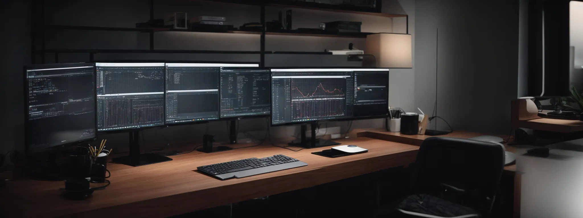 a sleek, modern computer desk with dual monitors displaying code and analytical data on an aesthetically minimalistic website interface.