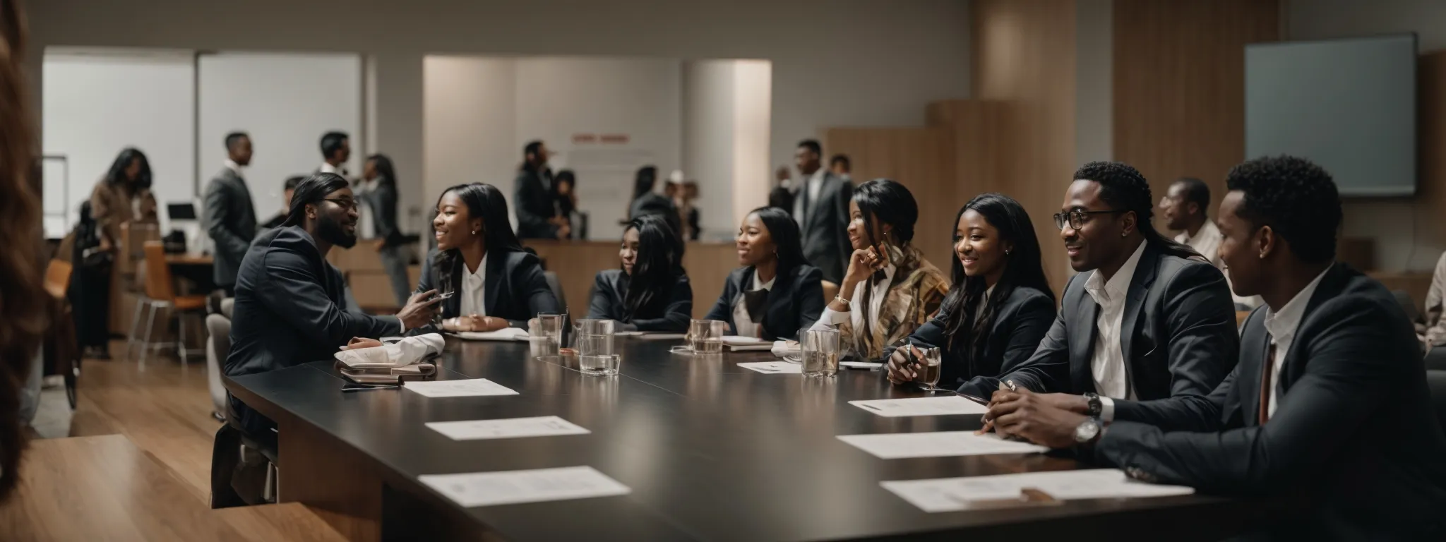 a collective of diverse individuals engaging in animated conversation around a large conference table.