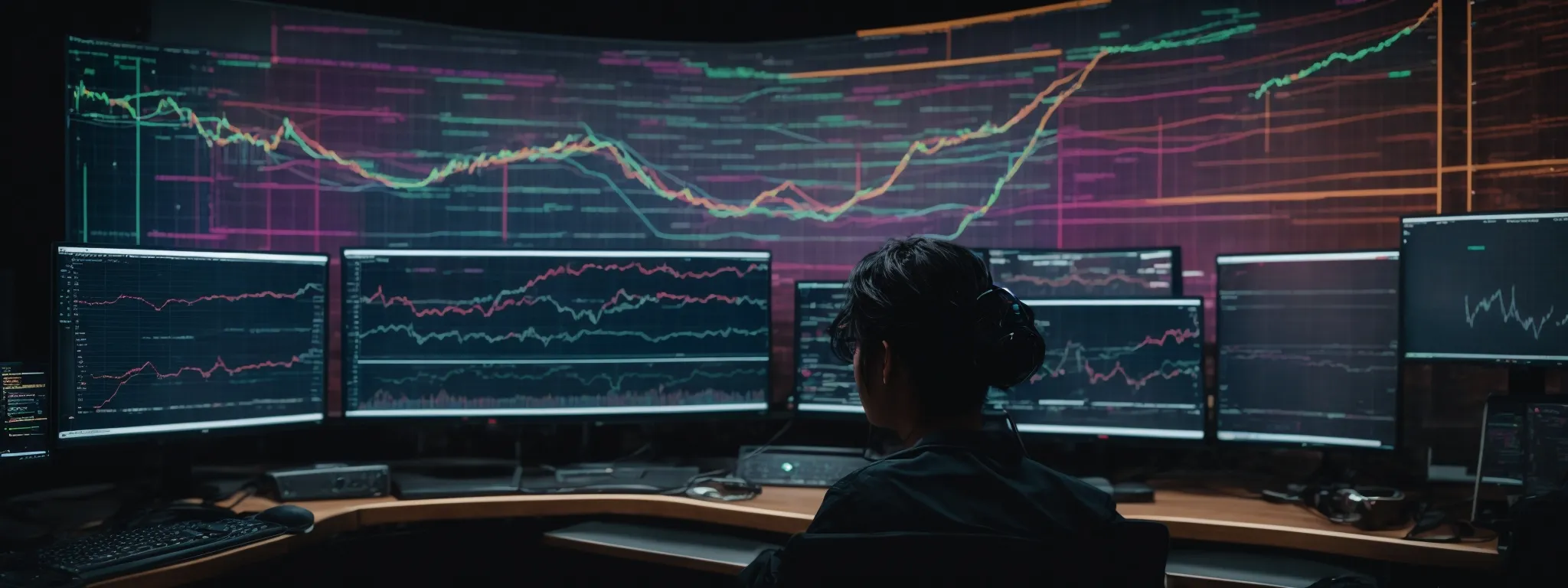 a person sits in front of a large monitor displaying colorful graphs and intricate web structures, analyzing seo data within the majestic platform.