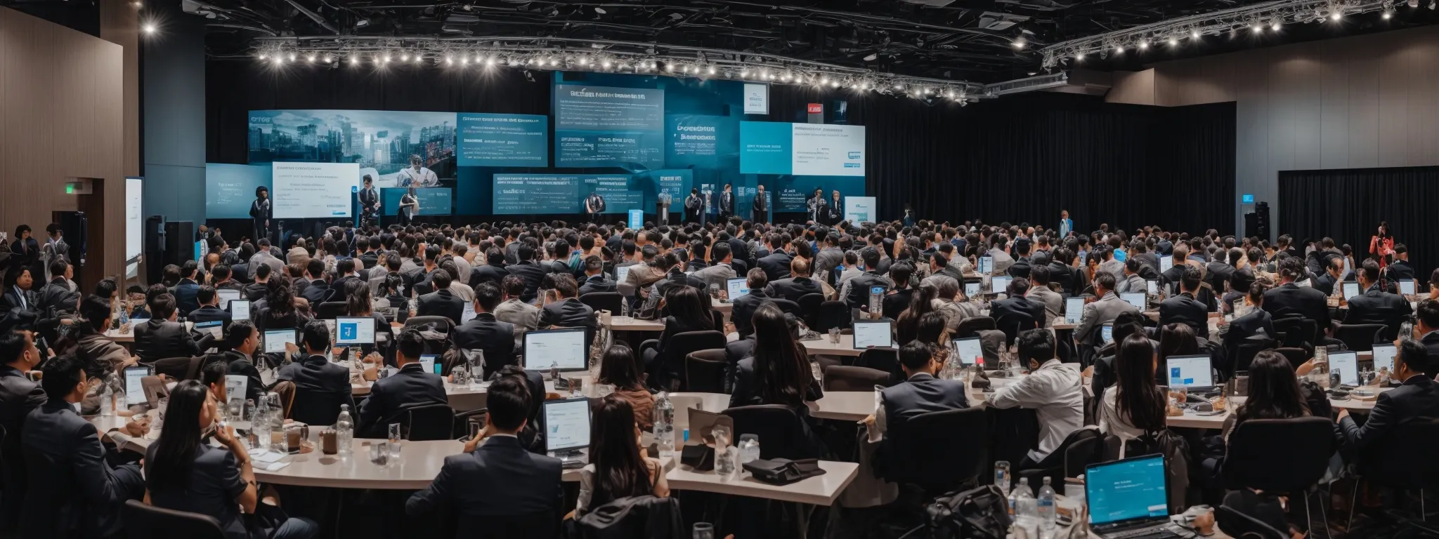 a panoramic view of a bustling digital marketing conference with professionals networking and learning about various search engines and seo strategies.
