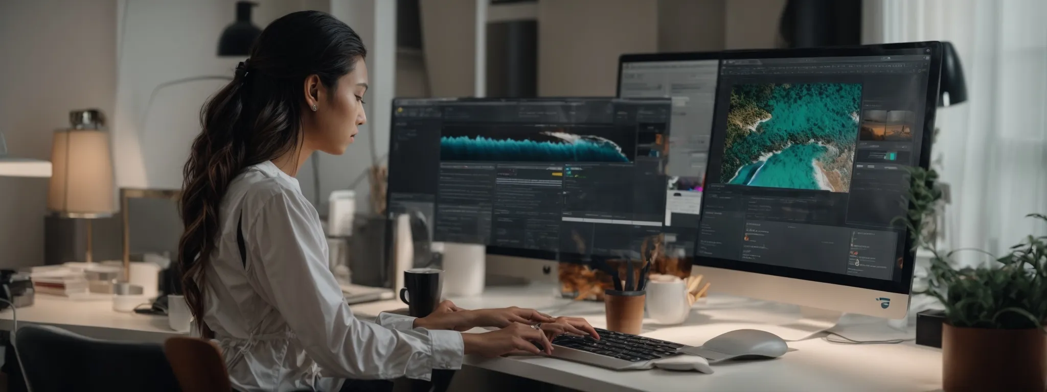 a person at a sleek workspace engages with an interactive canva interface on a modern computer, crafting a vibrant infographic.