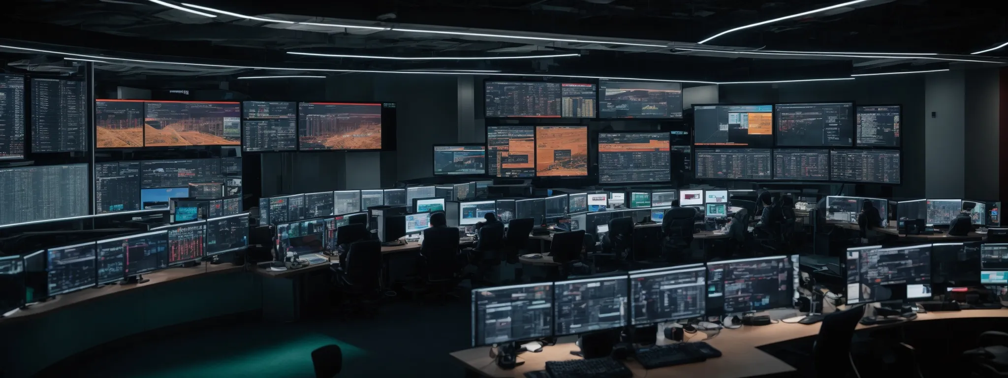a high-tech command center with screens displaying website analytics and performance metrics.
