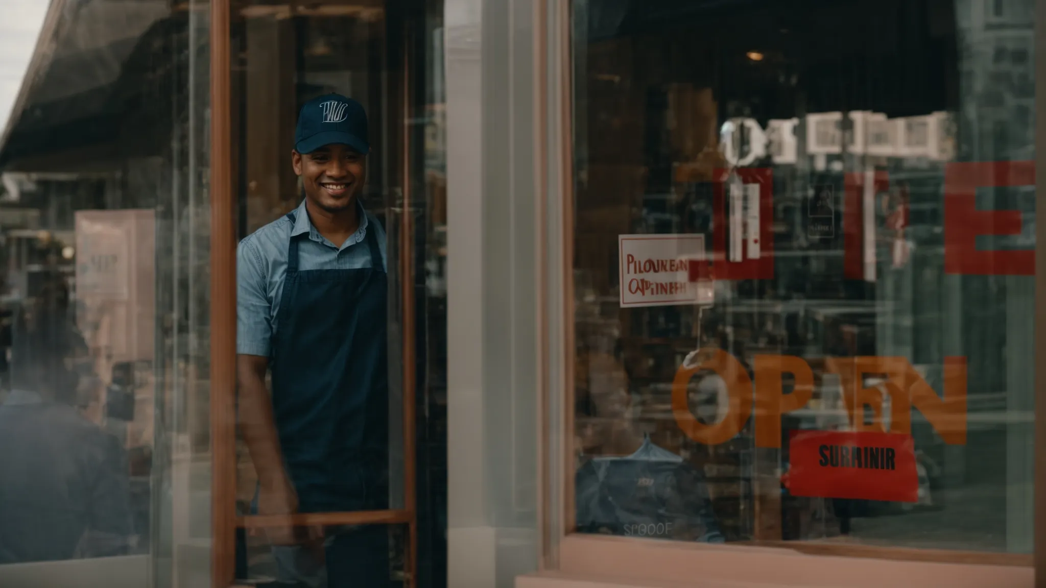 a local business owner smiling while placing an "open" sign in the storefront window.