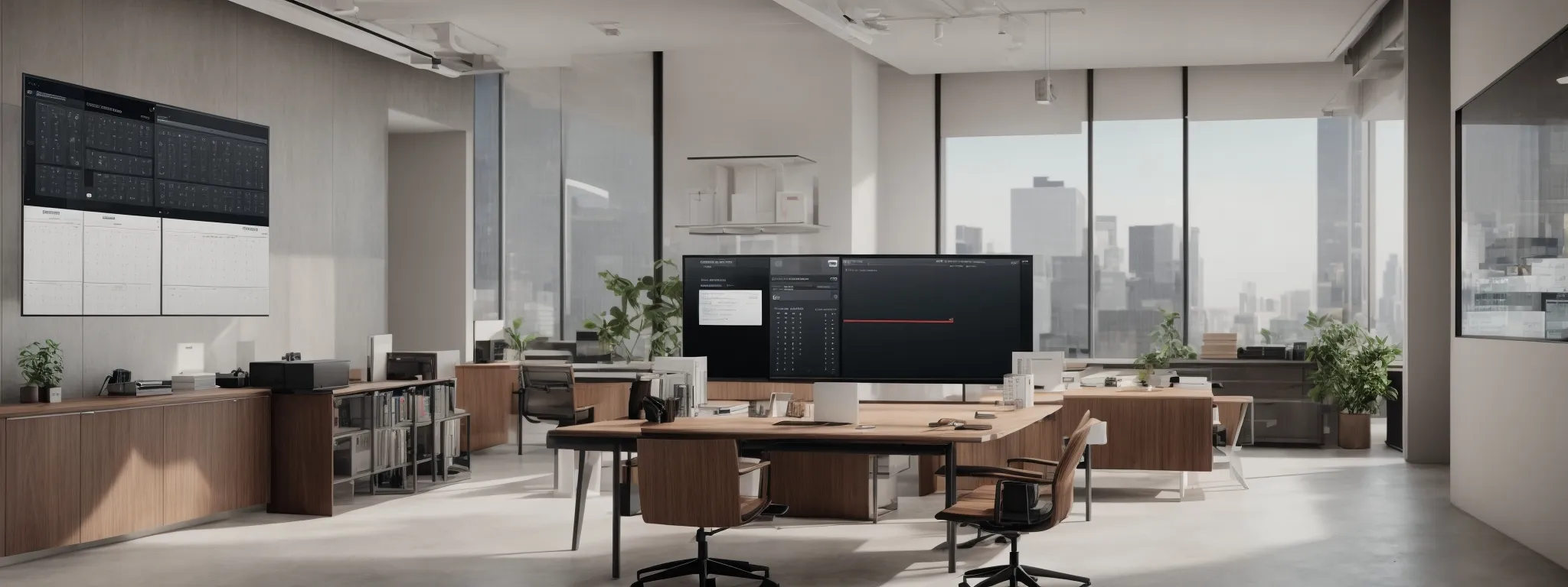 a modern office space equipped with a sleek, large-screen monitor displaying an organized calendar interface alongside a video conferencing application.