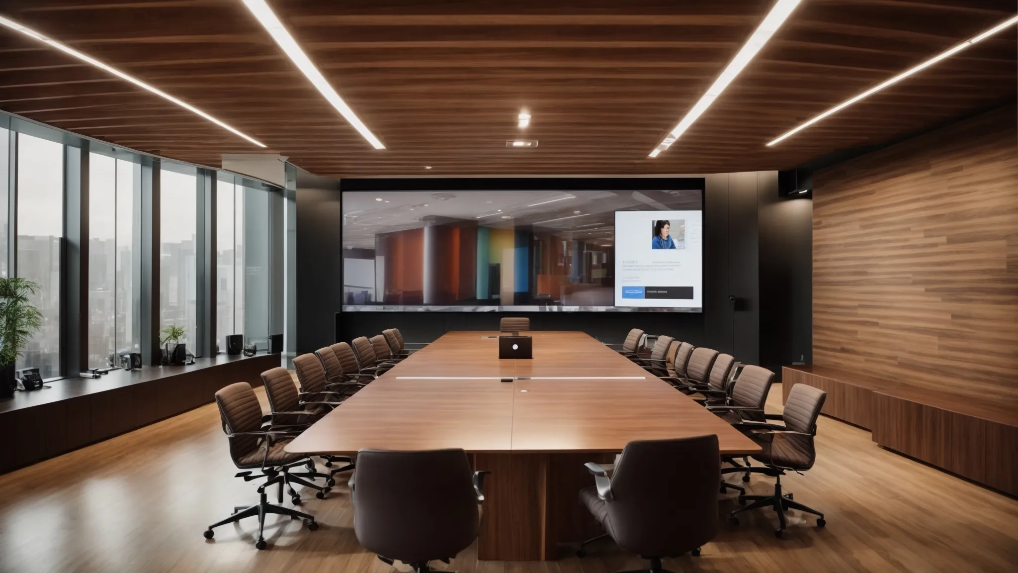 a professional meeting room showcasing a large presentation screen with google+'s interface reflecting a company's profile page.