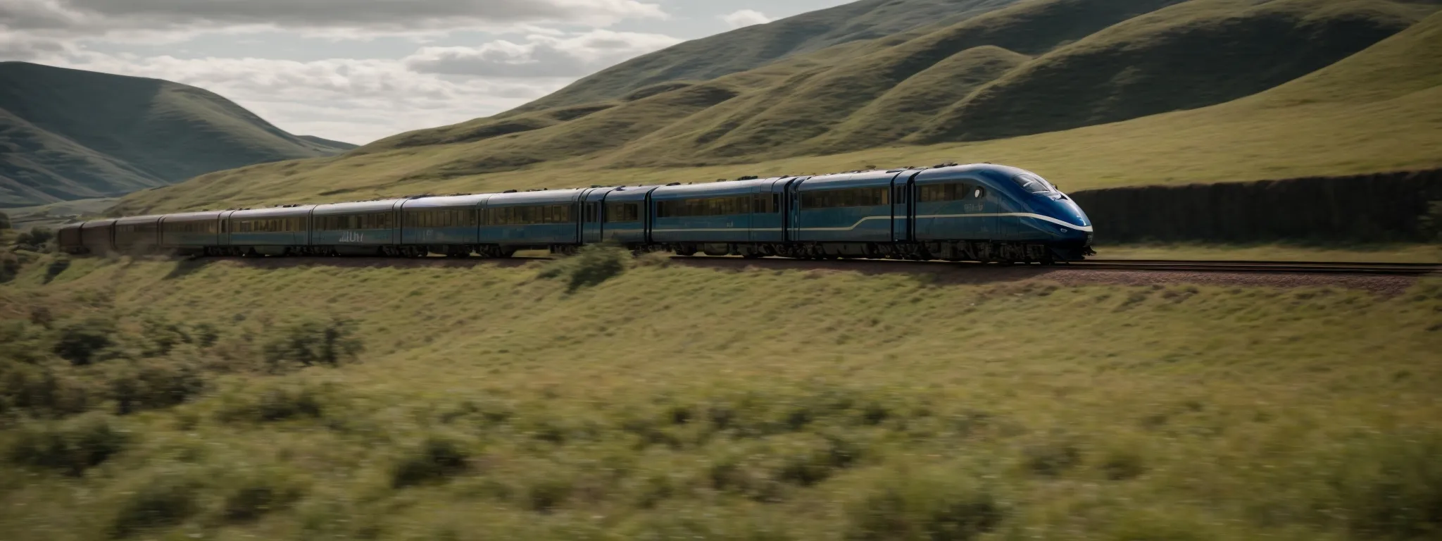 a streamlined train swiftly cutting through a landscape, signifying speed, with a solid, opaque tunnel in the background, illustrating security.
