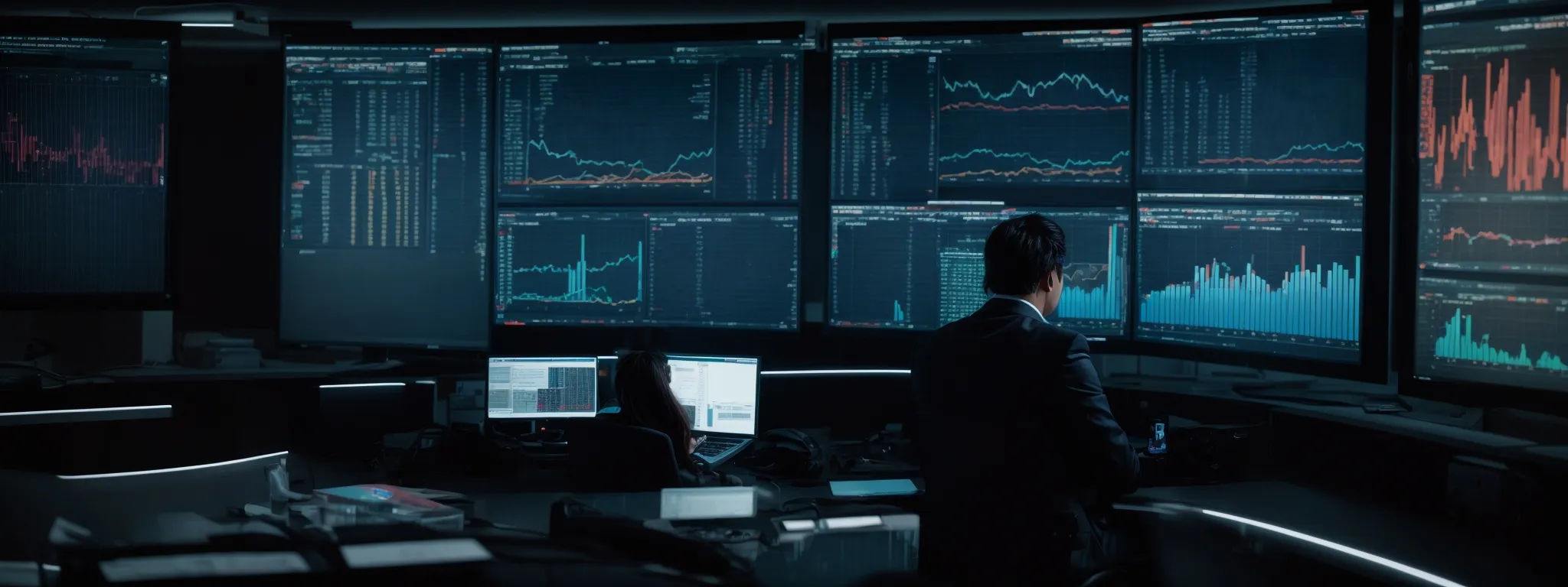 a focused individual gazes at a vibrant computer screen surrounded by graphs and data analytics software.