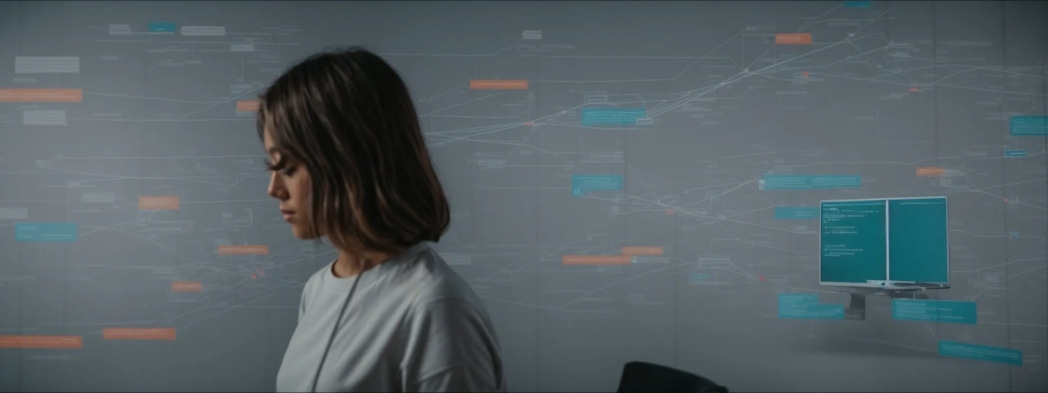 a person analyzing a complex flowchart representing website connections on a large digital screen.