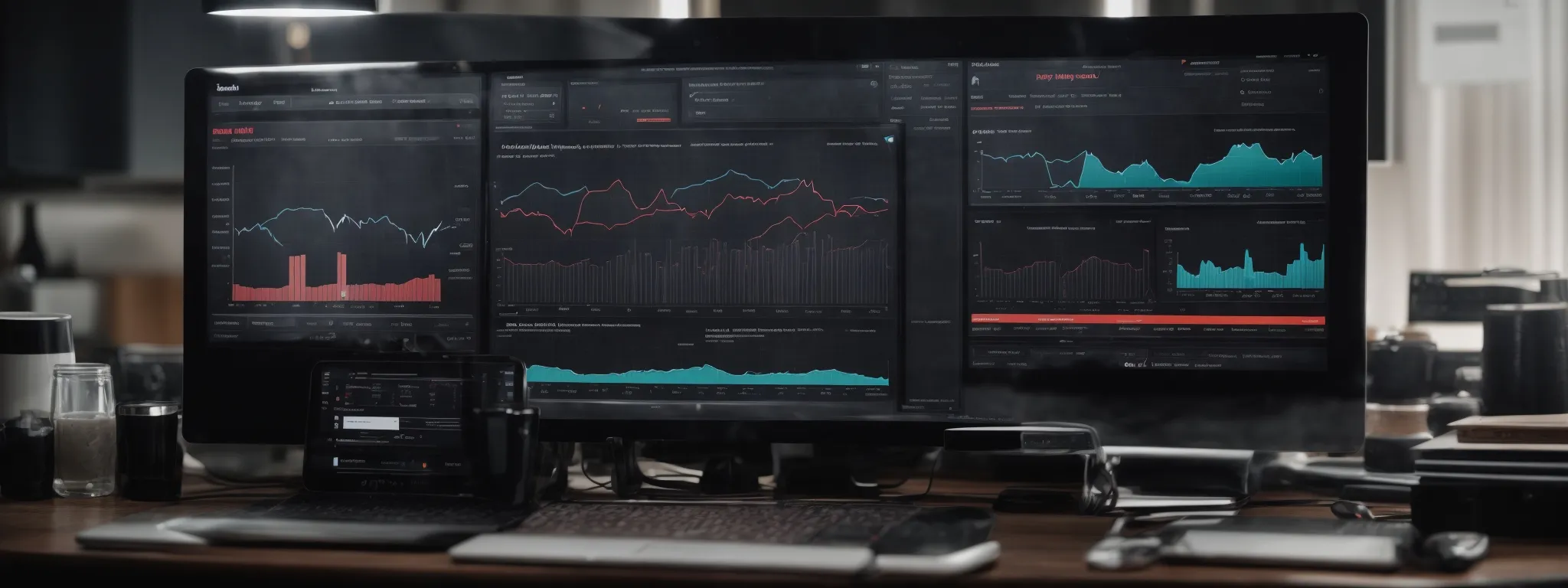 a desktop with multiple open analytics dashboards showing website performance metrics and a digital marketing strategy plan.