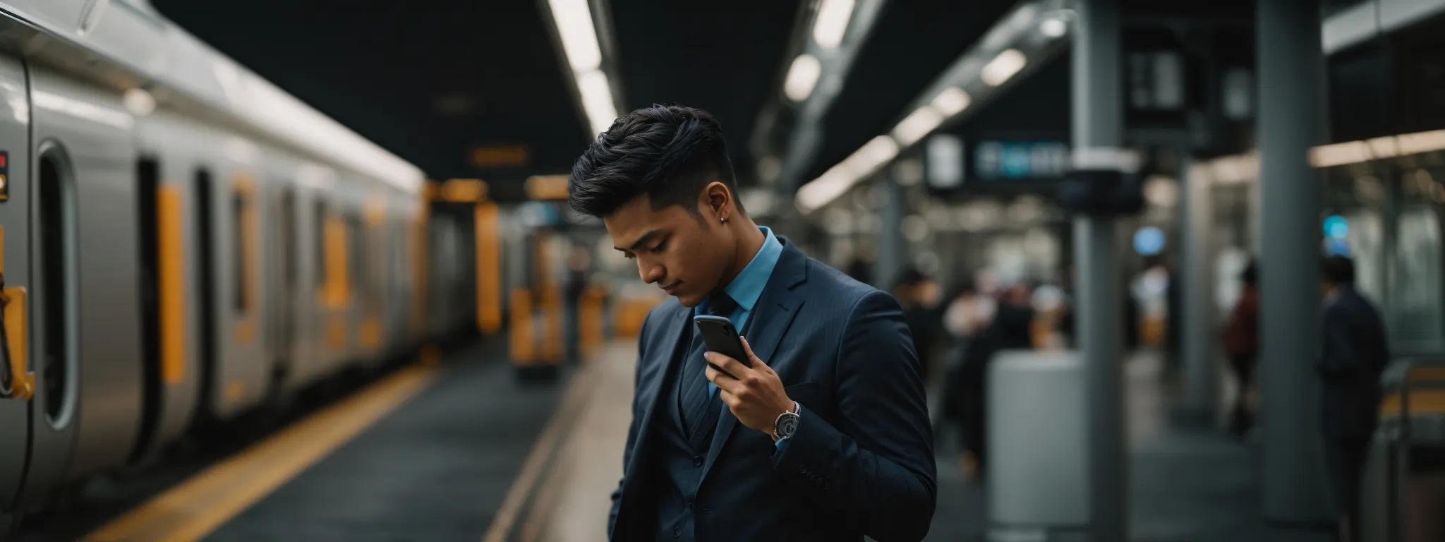 a business professional using a smartphone to update contact information while in transit.