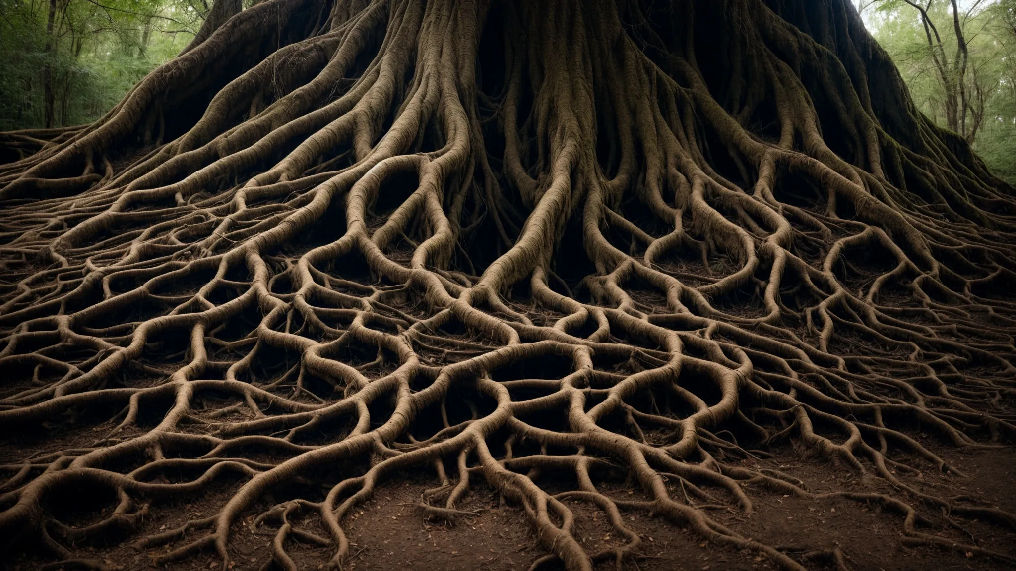a tree's intricate root system visibly intertwining and spreading out into the fertile soil.