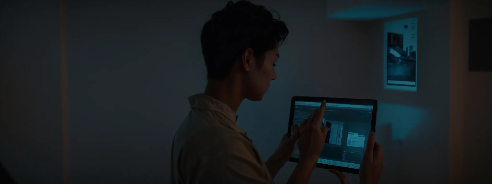 a figure silently scrolling through a digital news feed on a glowing tablet screen in a dimly lit room.