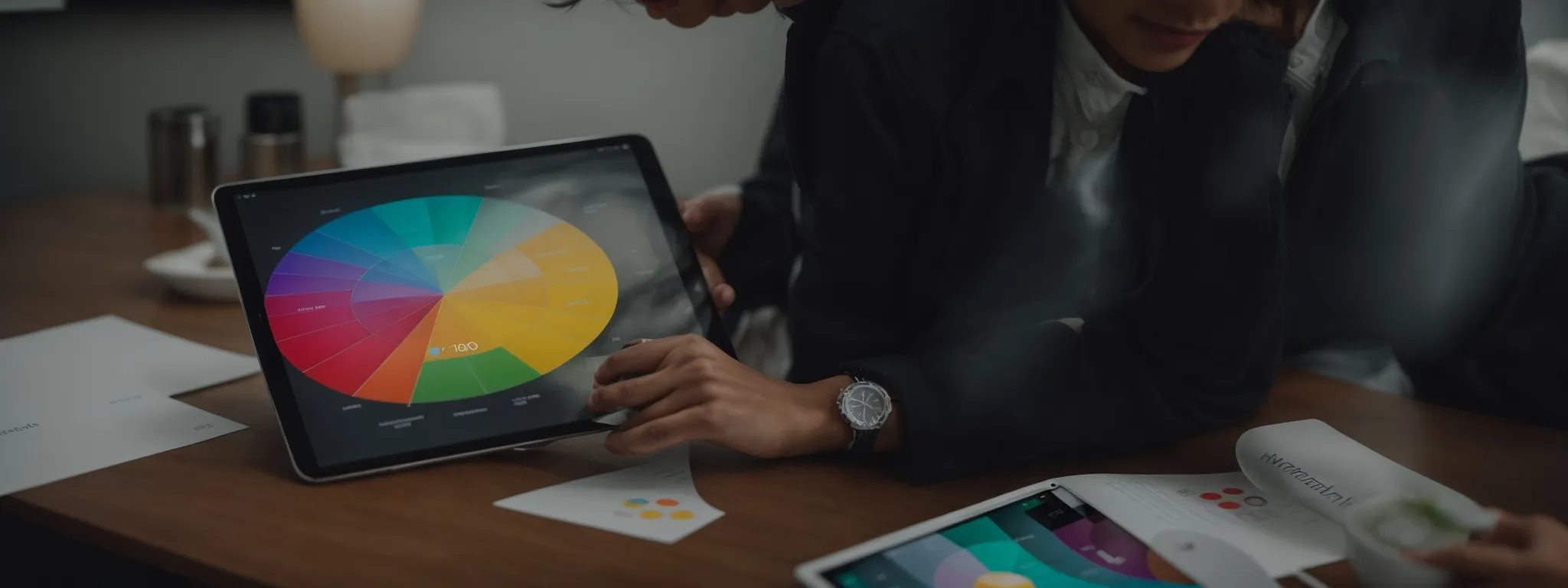a marketer analyzing a colorful pie chart representing different audience segments on a digital tablet.