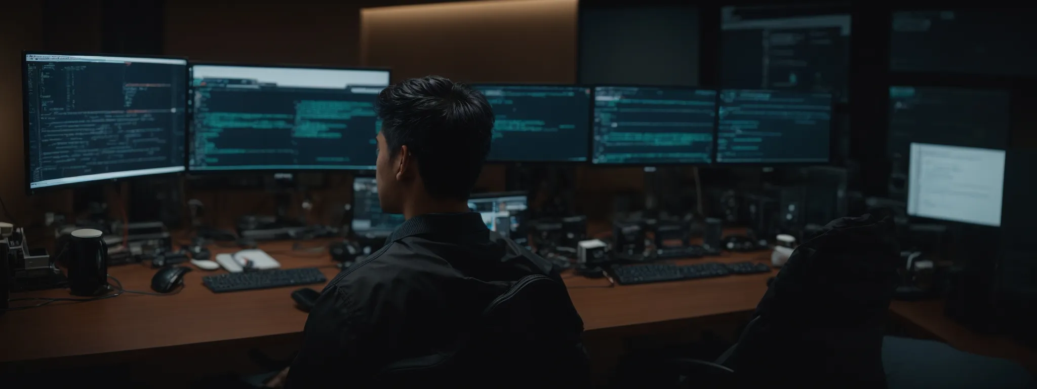 a developer sits before a dual-monitor setup, engaged in coding on an ai-enhanced integrated development environment.