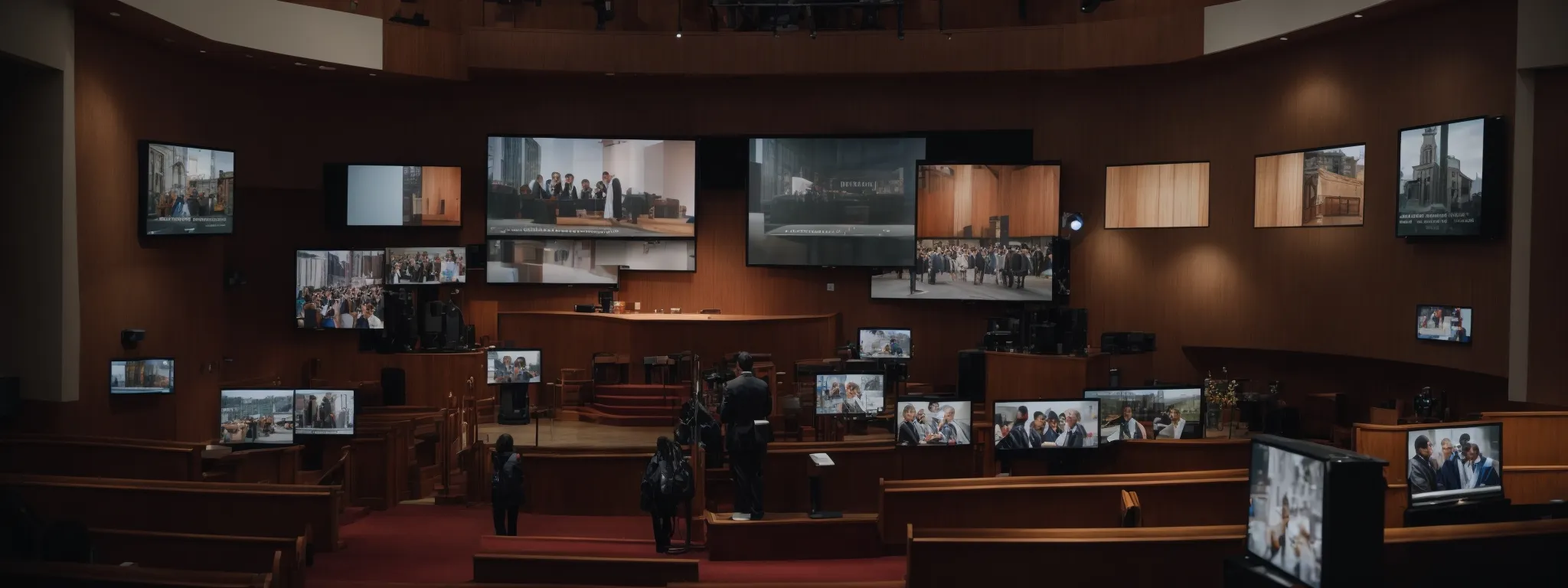 a church service is being live-streamed on a monitor, surrounded by smaller screens displaying a photo gallery and audio player interfaces.