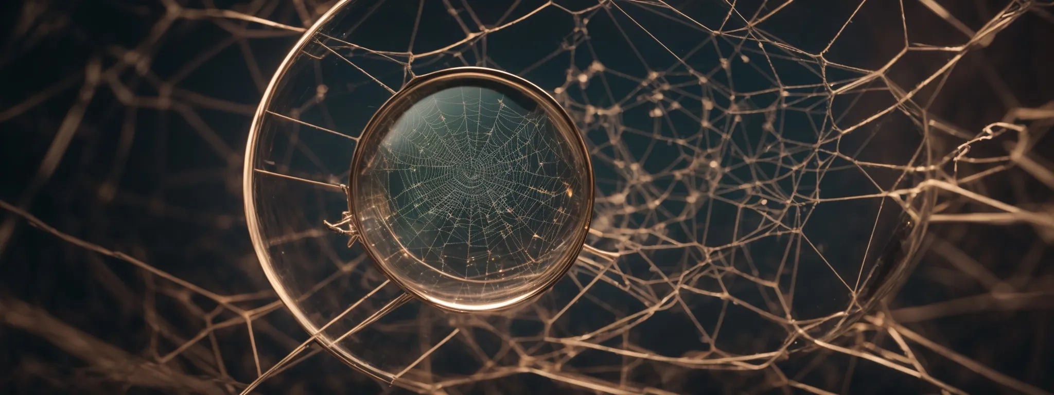 a magnifying glass hovering over a complex web of interconnected nodes symbolizing the detailed analysis of a backlink network.