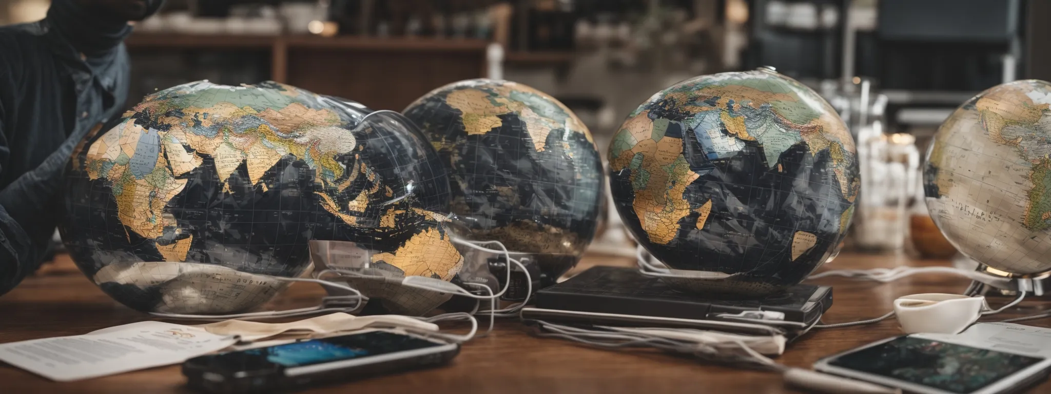 a globe surrounded by various digital devices displaying world maps and graphs, illustrating the concept of analyzing global digital marketing strategies.