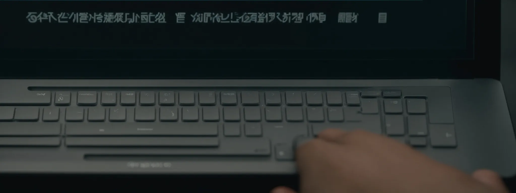 a close-up of an individual typing on a laptop, with a focus on the screen displaying a word processing application and text.