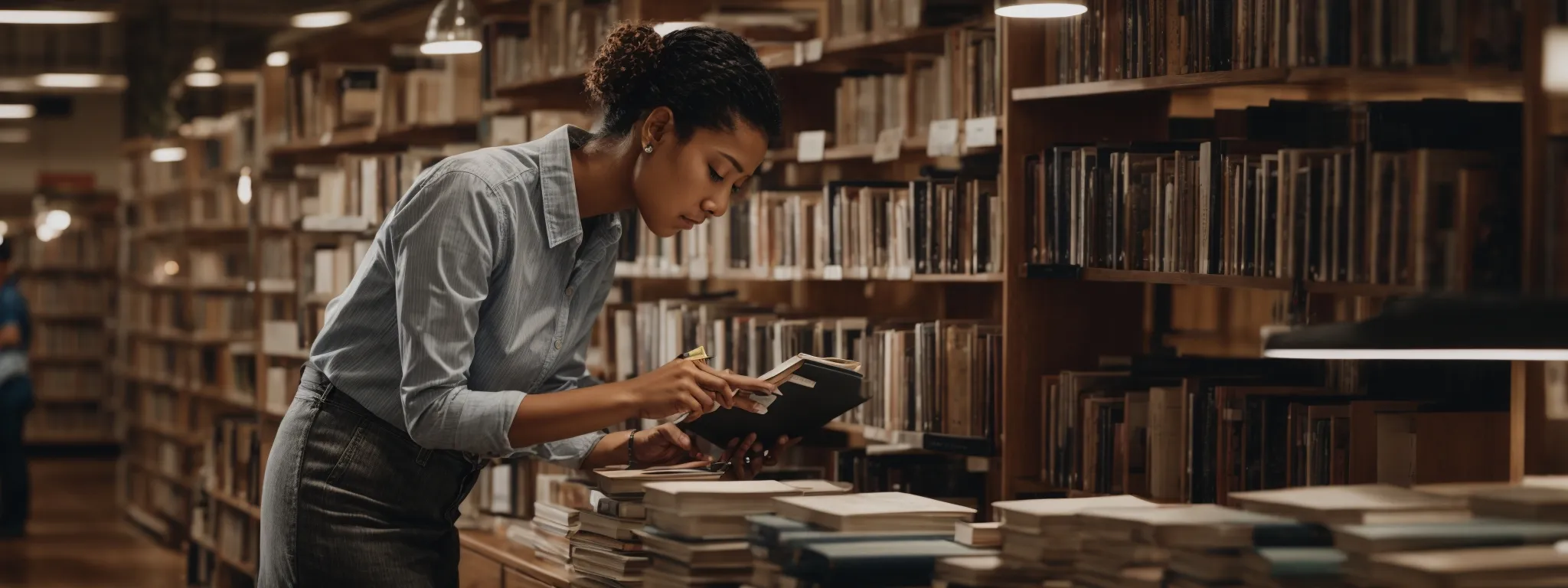 a librarian is organizing books on seo and marketing in a well-lit, modern library.