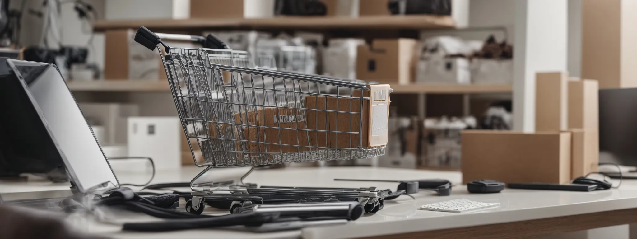 a shopping cart filled with various unbranded products stands in front of a desktop with an open website, symbolizing the ecommerce experience.