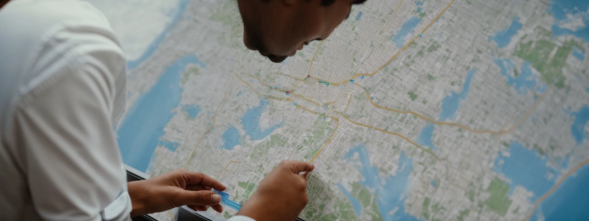 a professional navigating a digital map representing the google merchant center interface.