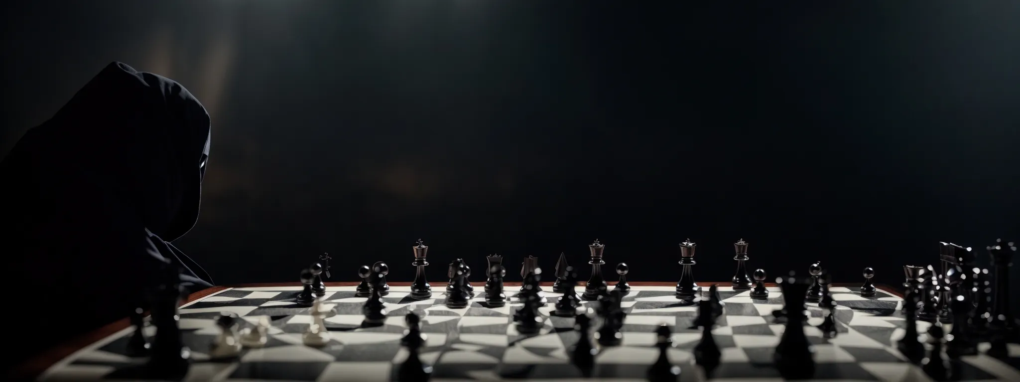 two magicians, one cloaked in shadow with a mischievous grin and the other bathed in light with a trustworthy demeanor, face off across a dividing line on a chessboard.