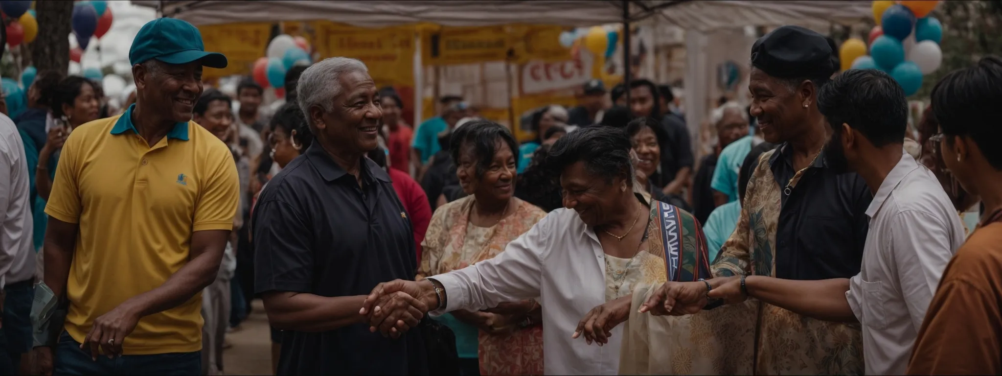 a local business owner shaking hands with residents at a community event.