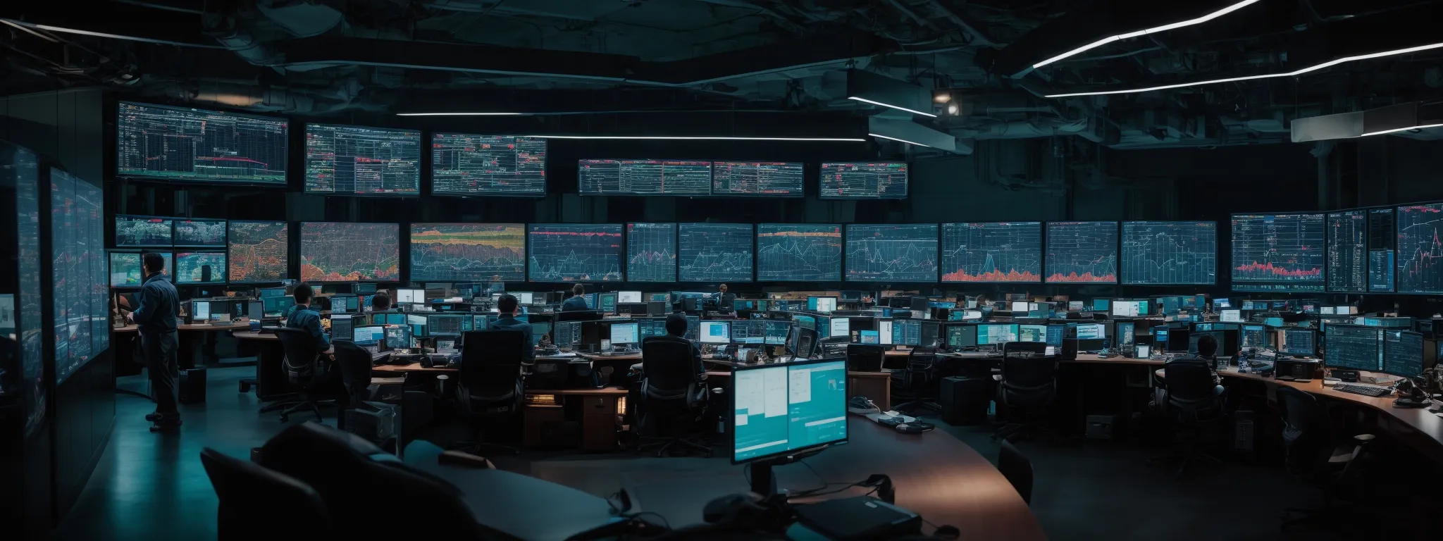 a bustling command center with multiple screens displaying vibrant, fluctuating graphs and statistics.