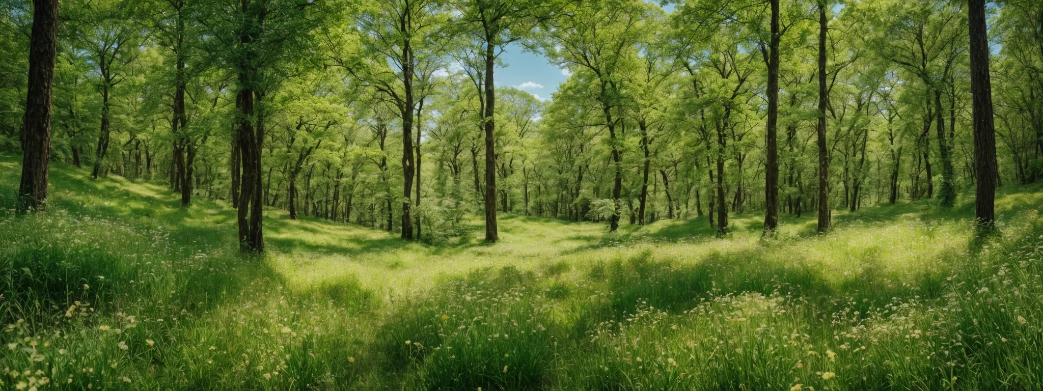 a panoramic view of a lush green forest transitioning into a vibrant, flowering meadow under a clear blue sky.