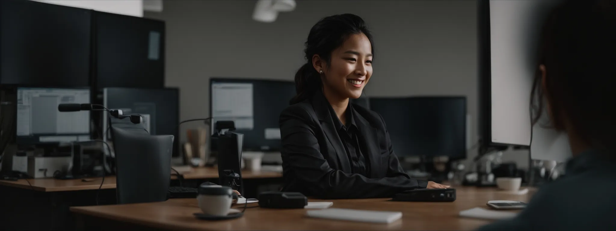 a professional smiling at her computer screen in a minimalist office setup with a clock indicating the early morning hours.