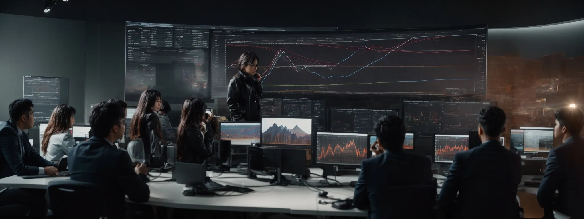 a group of diverse professionals gathered around a large monitor displaying a dynamic graph of search trends. 
