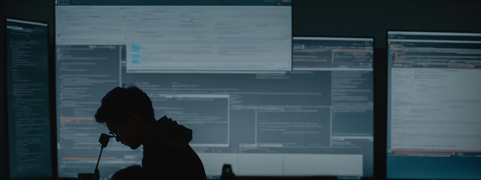 a silhouette of a person working on a computer with search engine result pages on the screen, highlighting the intersection of content creation and seo strategies.