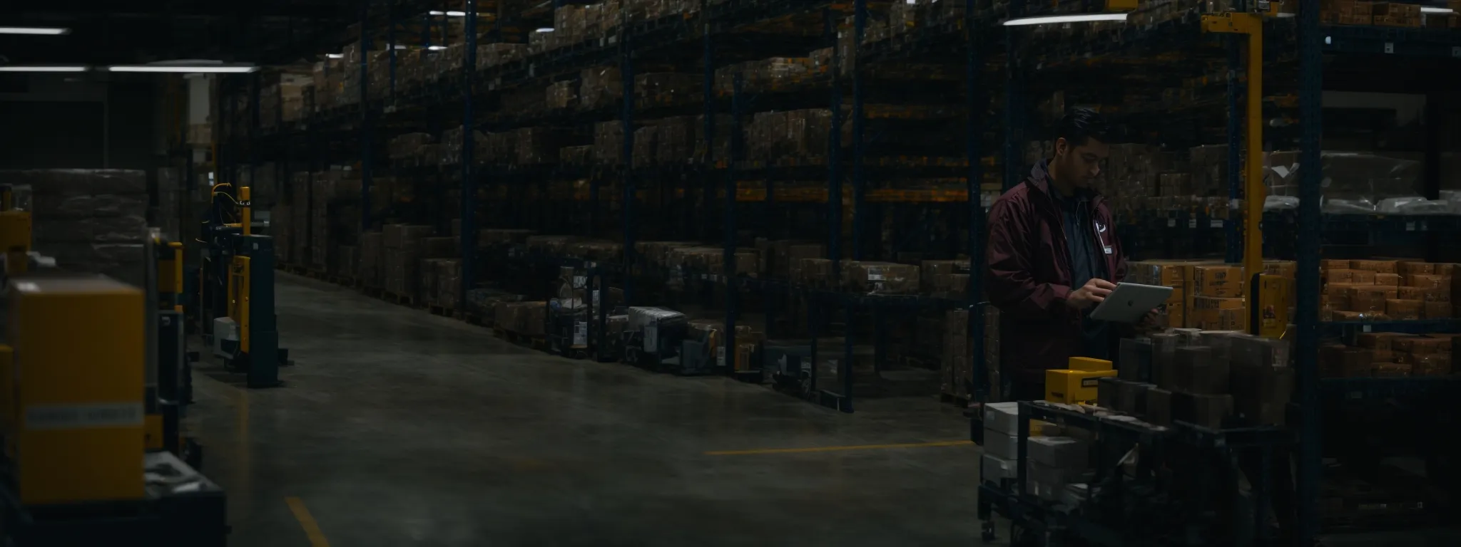 a warehouse employee overlooking a digital tablet that controls automated inventory systems within a modern warehouse environment.