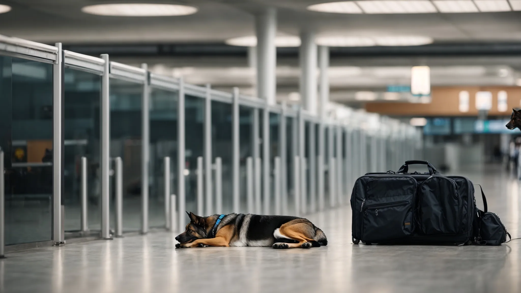 a diligent police dog sniffs luggage at an airport security checkpoint.
