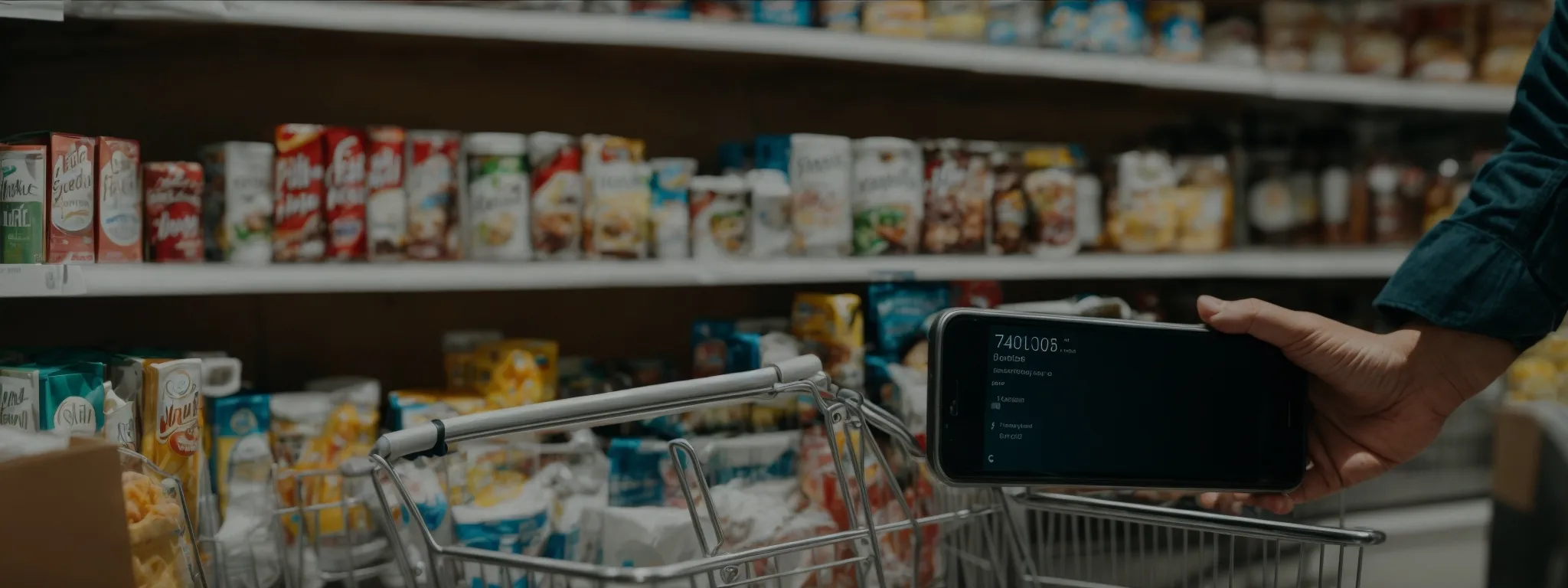 a person tapping on a smartphone, displaying a shopping cart on the screen with various products around it.