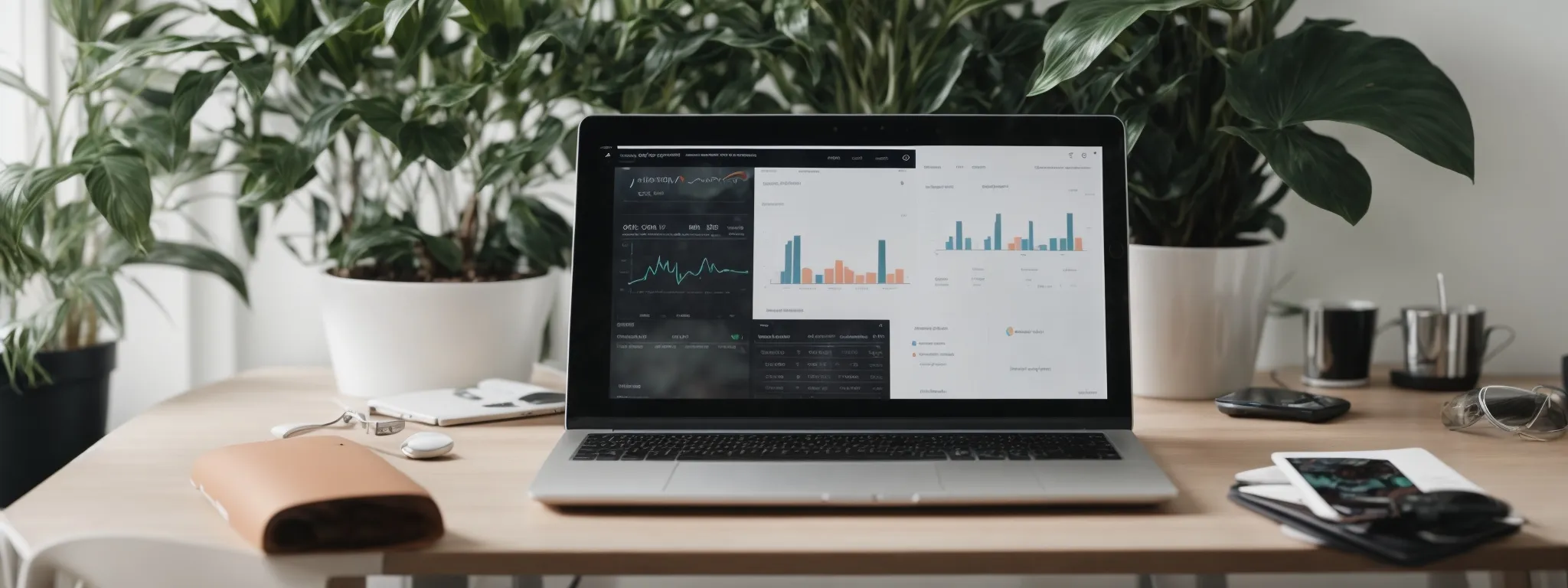 a laptop with an analytics dashboard visible on the screen, situated on a minimalist desk alongside a potted plant.