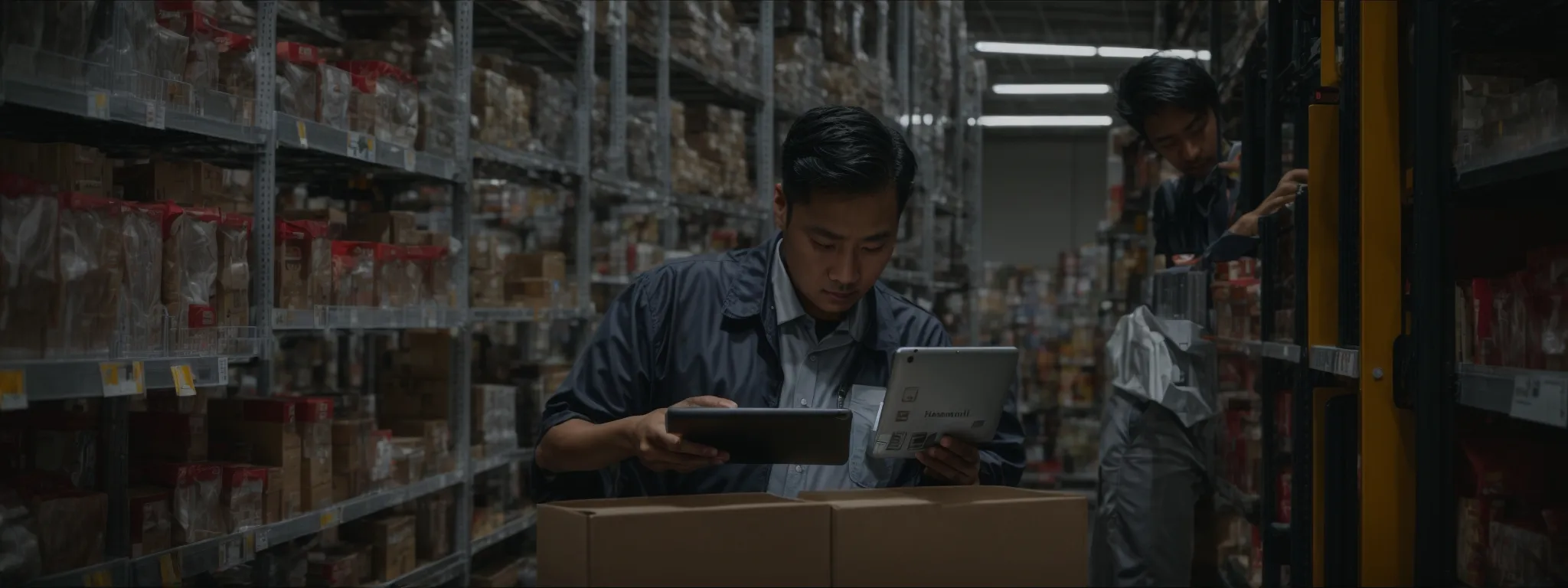 a warehouse manager examines a digital tablet while standing next to tall shelves stocked with organized goods.