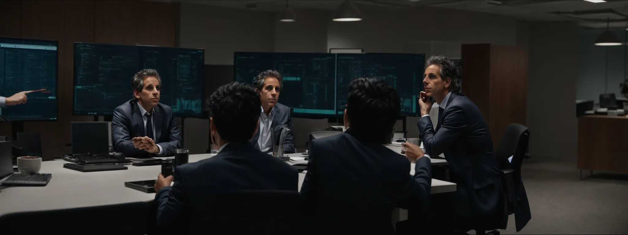 ben stiller consults with a group of seo experts in a sleek, modern office, engrossed in a strategy session for his role in 