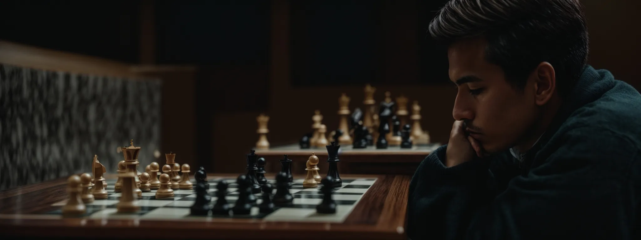 a chess player contemplating a strategic move on a chessboard.
