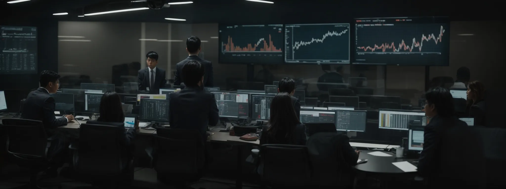a team in a war room actively monitoring and discussing strategies in front of a large digital screen showing website analytics.