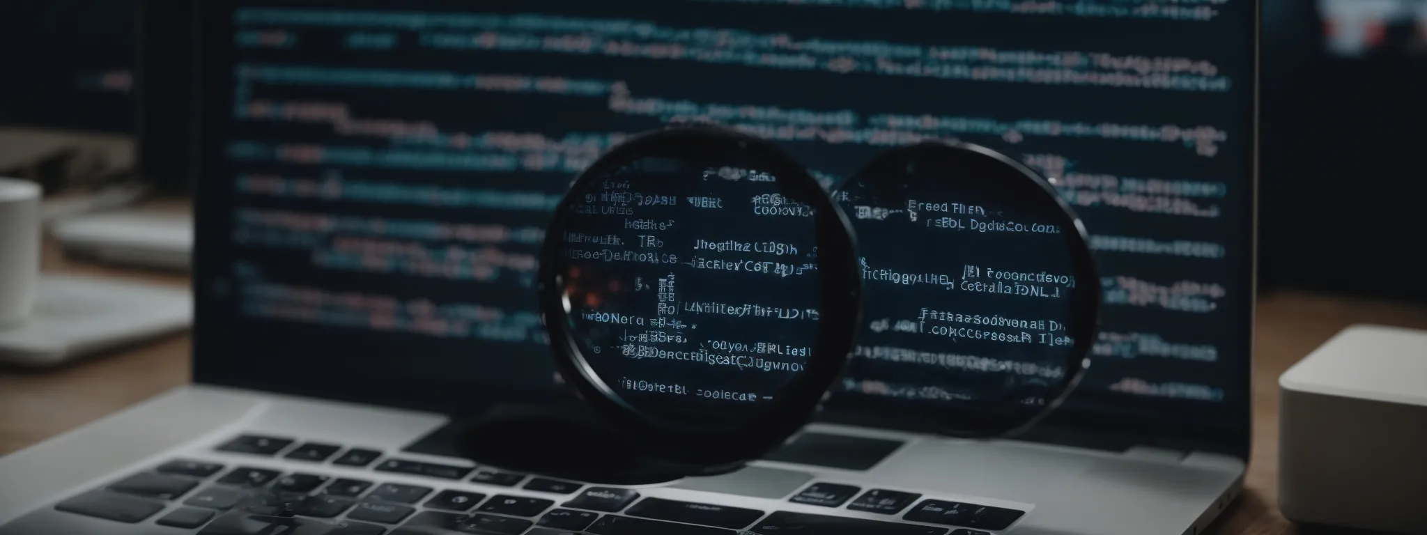 a magnifying glass hovering over a digital representation of a website surrounded by bits and code, with a blurred search bar in the background.