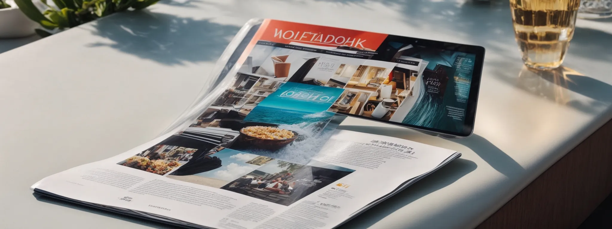 a tablet displaying a vibrant interactive advertisement rests beside a glossy magazine with an embedded qr code.