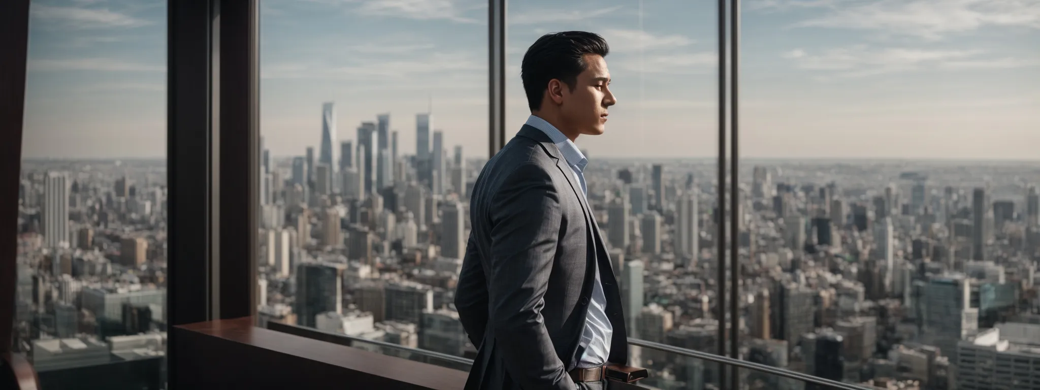 a confident entrepreneur overlooks a bustling cityscape from a high-rise, symbolizing the towering potential of a successful digital marketing agency.