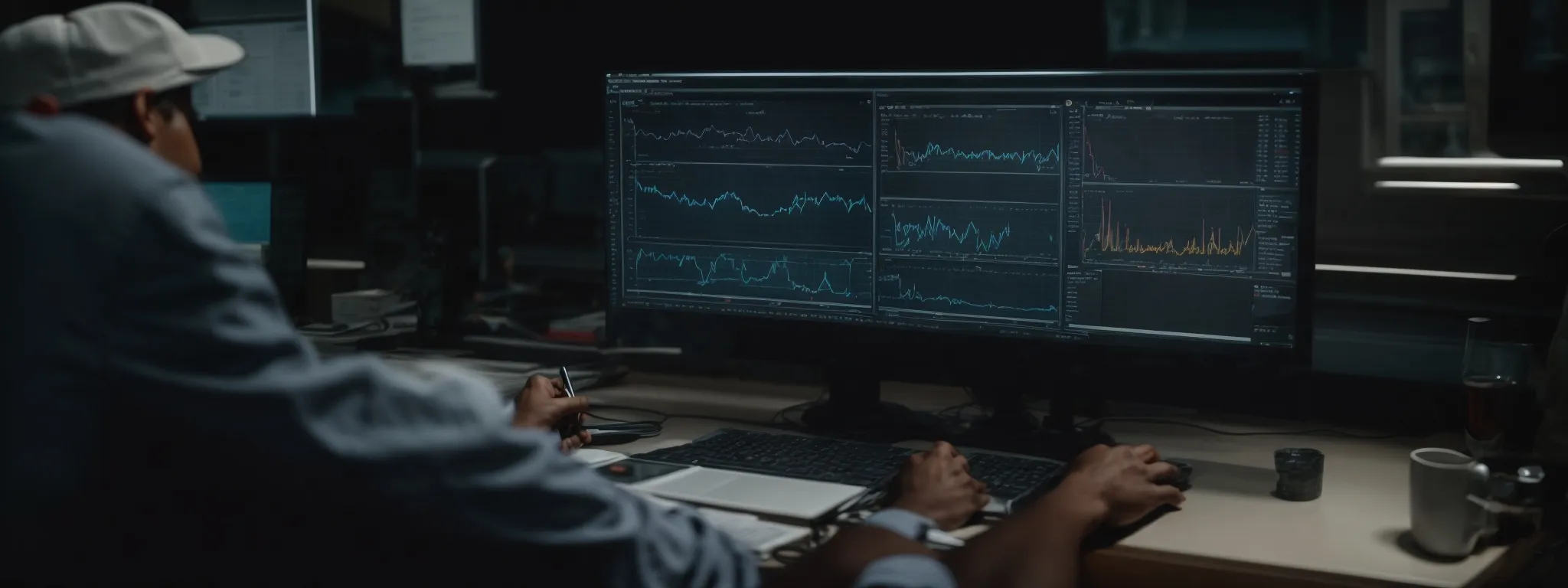 a person looking at complex graphs and charts on a computer screen to analyze website performance metrics.