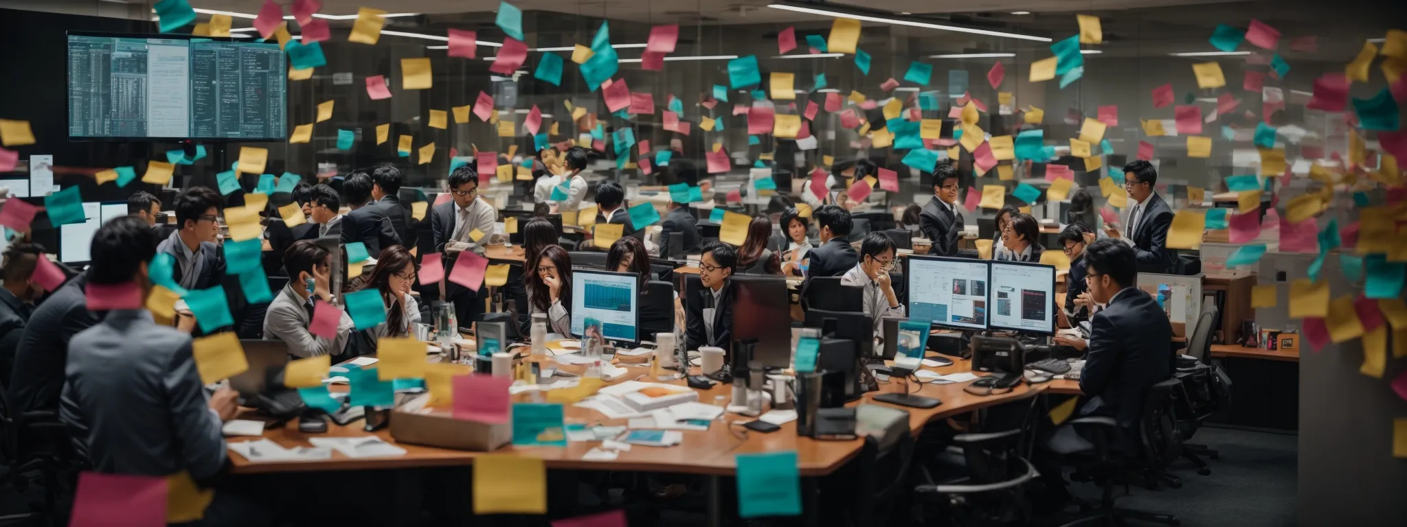 a bustling marketing team hovers around a conference table cluttered with colorful sticky notes and digital screens displaying search trend graphs.