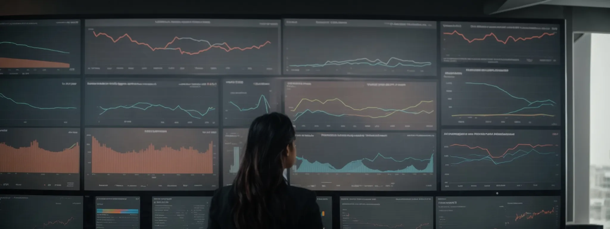 a marketing professional reviews analytics on a large screen displaying graphs of customer engagement and campaign performance.
