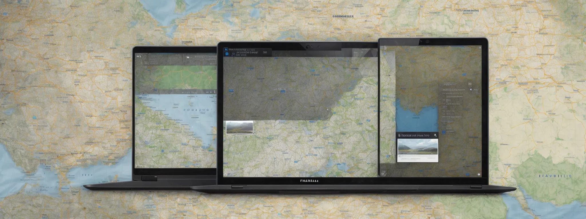 a laptop with a map overlay displays various connected points symbolizing a local digital network.