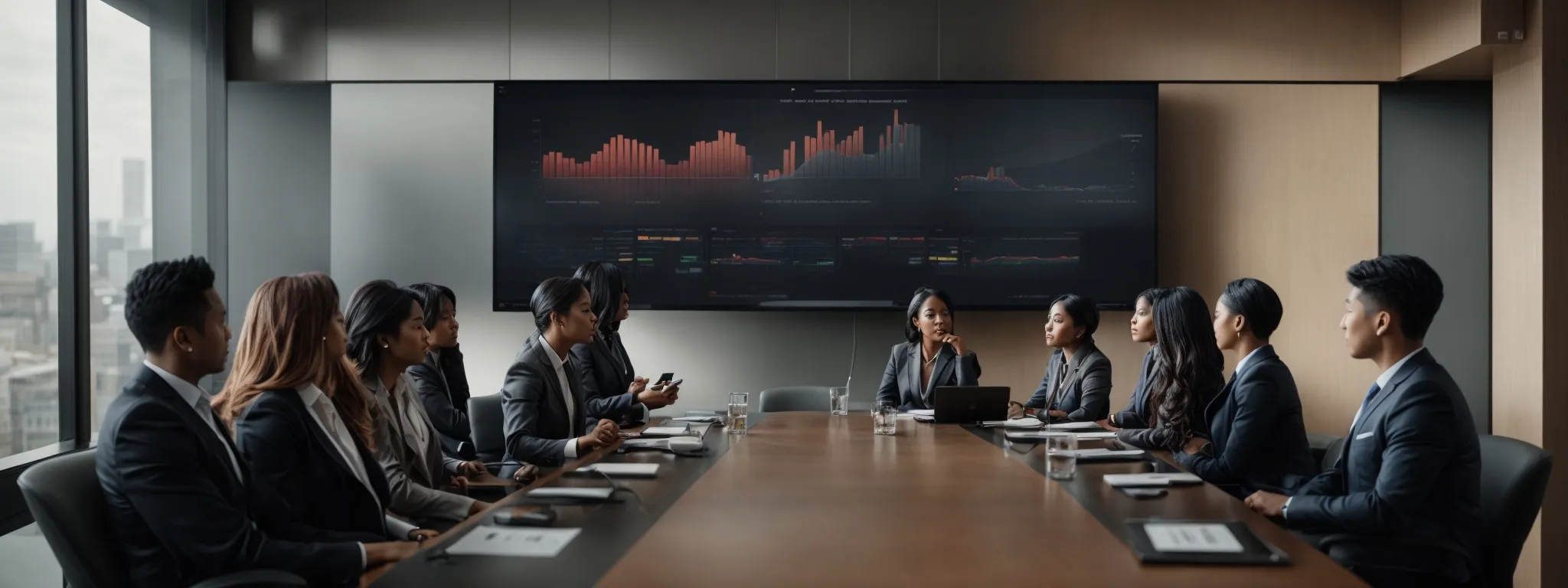 a diverse group of marketing professionals gathers around a modern conference table, with their focus intently set on a large screen displaying a data-rich interface of an up-and-coming visual search platform.